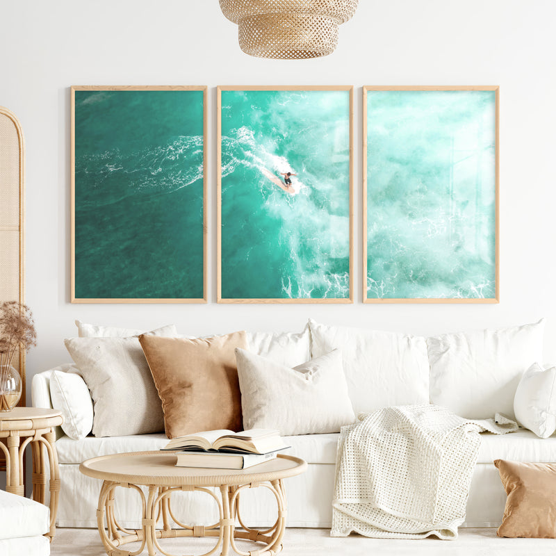 Teal Surf Glide nautical wall prints - Natural Wood Framed Poster No Border - Artworksets