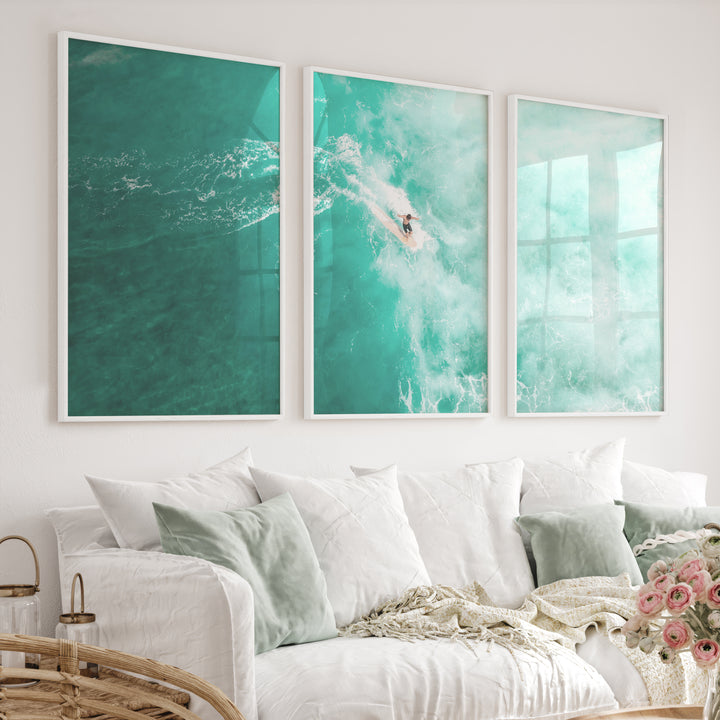 Teal Surf Glide nautical wall prints - White Framed Poster No Border - Artworksets
