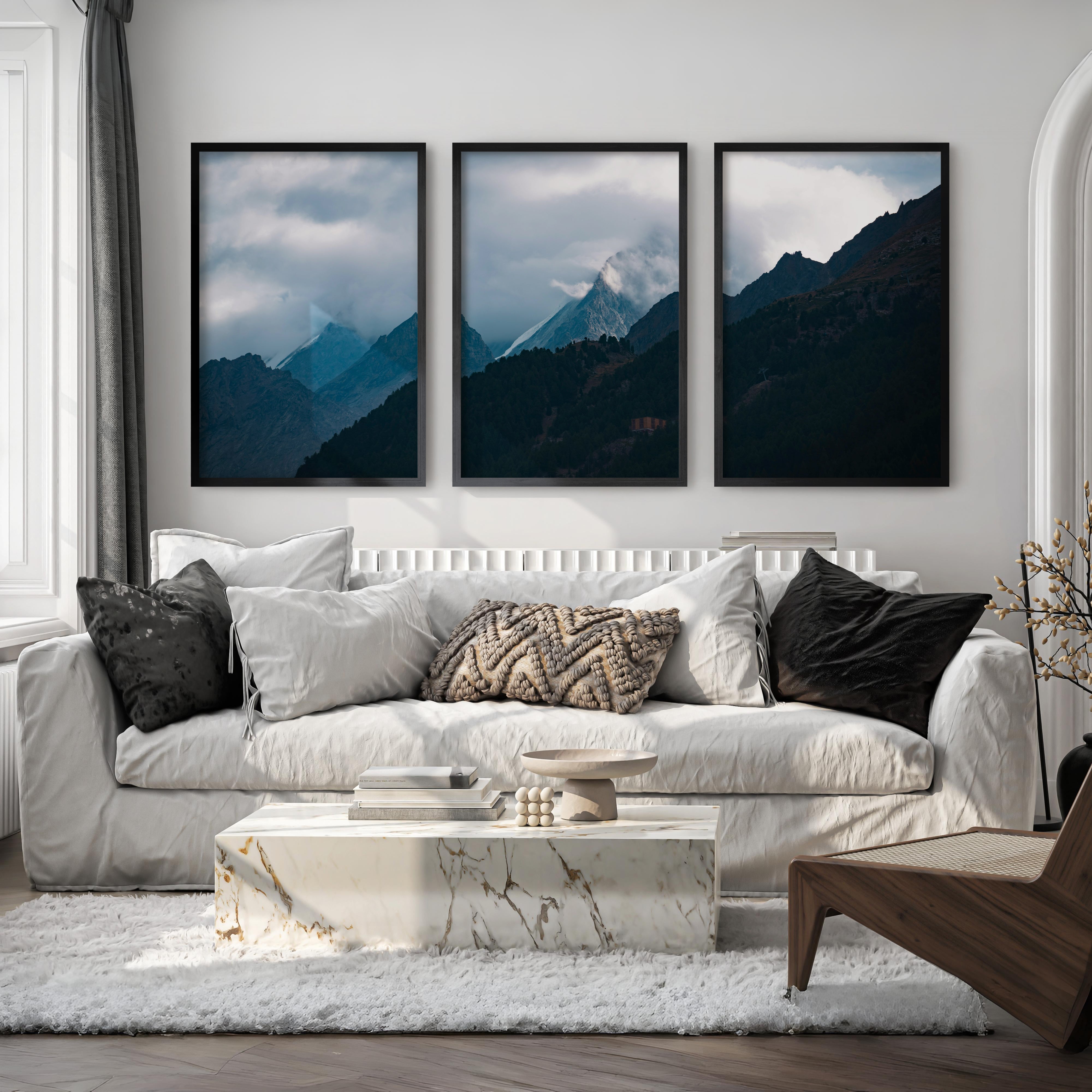 Navy Blue Mountain Forest Triptych – Landscape Painting Mountain Wall Art - Black Framed Poster No Border - Artworksets
