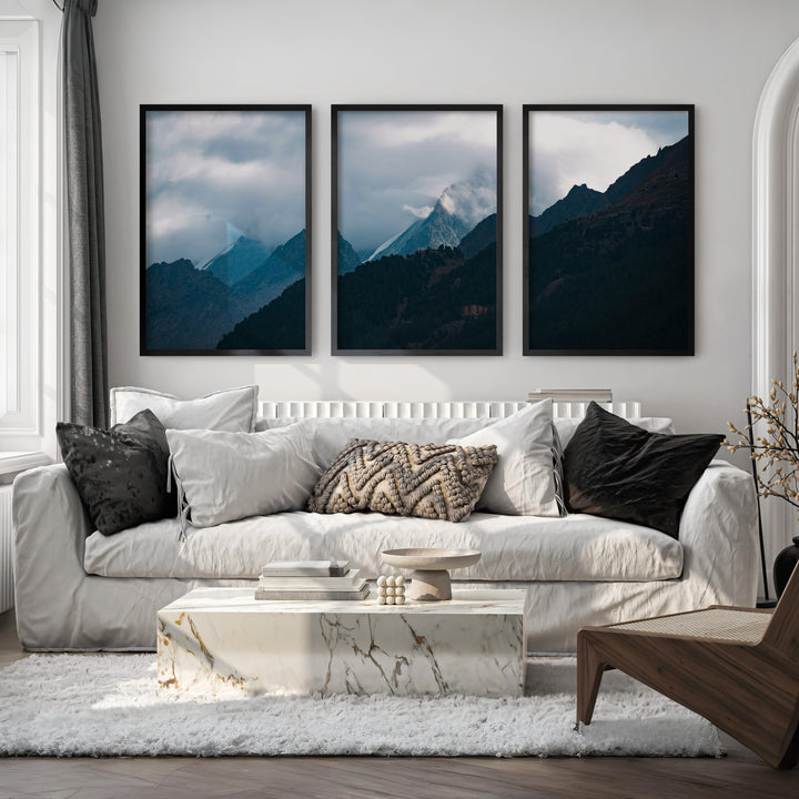 Navy Blue Mountain Forest Triptych – Landscape Painting Mountain Wall Art - Black Framed Poster No Border - Artworksets