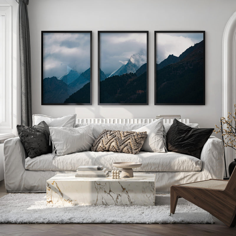 Navy Blue Mountain Forest Triptych – Landscape Painting Mountain Wall Art - Black Framed Poster No Border - Artworksets