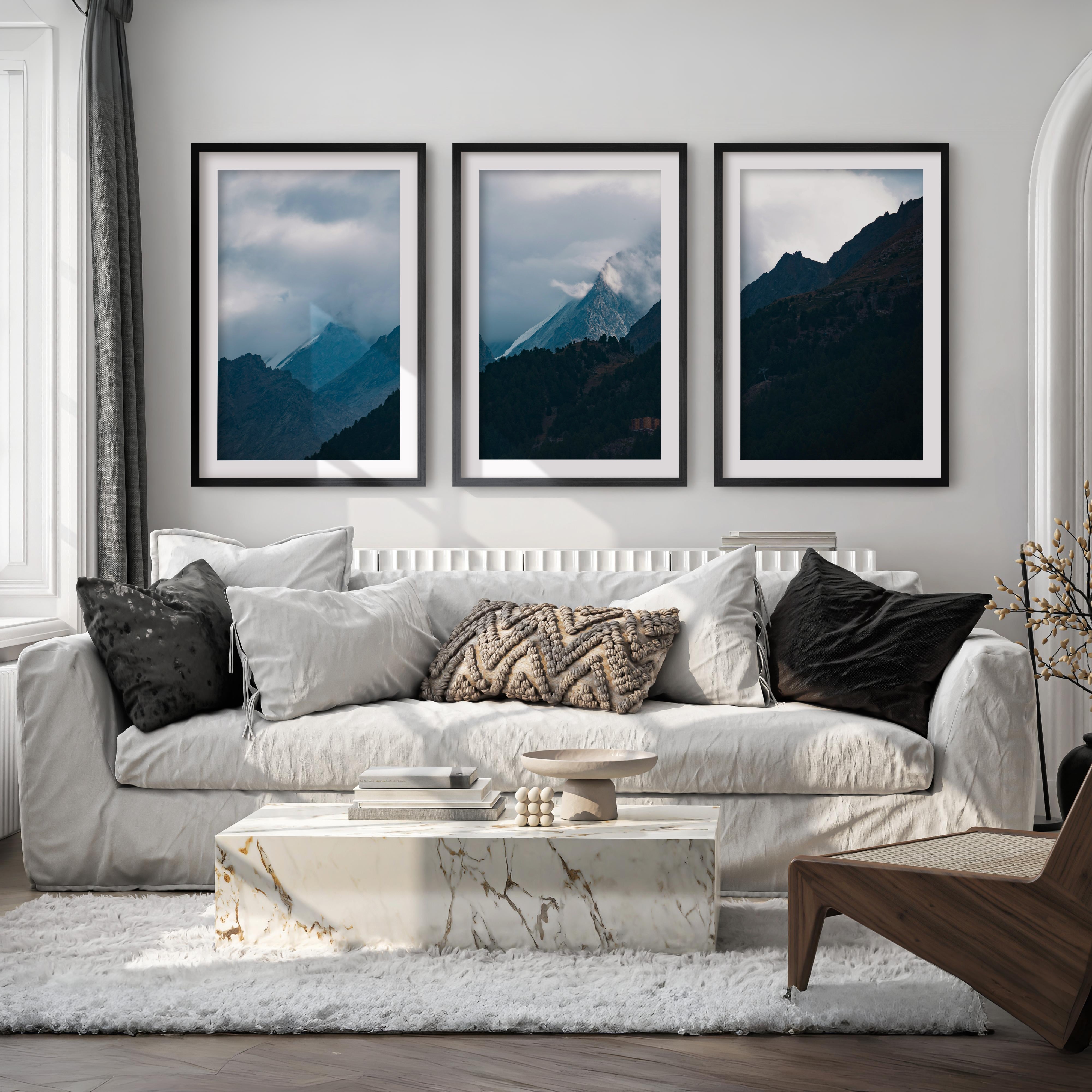 Navy Blue Mountain Forest Triptych – Landscape Painting Mountain Wall Art - Black Framed Poster with White Border - Artworksets