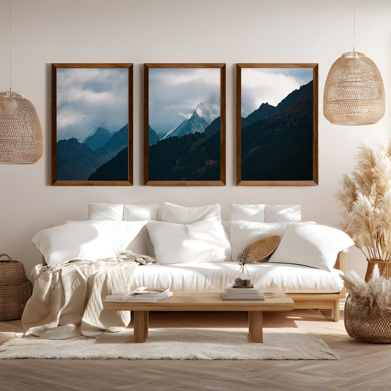 Navy Blue Mountain Forest Triptych – Landscape Painting Mountain Wall Art - Dark Brown Framed Poster No Border - Artworksets