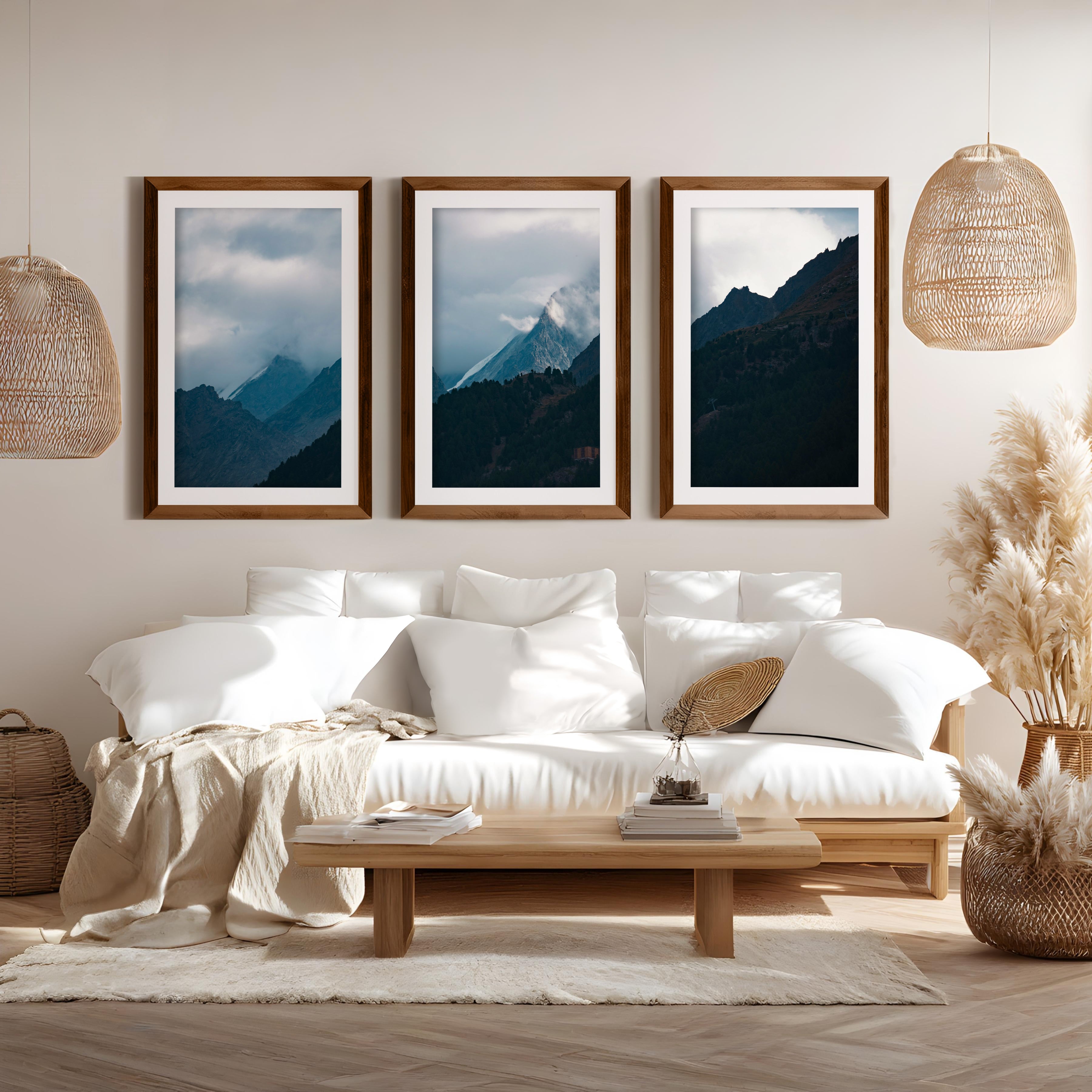 Navy Blue Mountain Forest Triptych – Landscape Painting Mountain Wall Art - Dark Brown Framed Poster with White Border - Artworksets