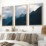 Navy Blue Mountain Forest Triptych – Landscape Painting Mountain Wall Art - Natural Wood Framed Poster No Border - Artworksets