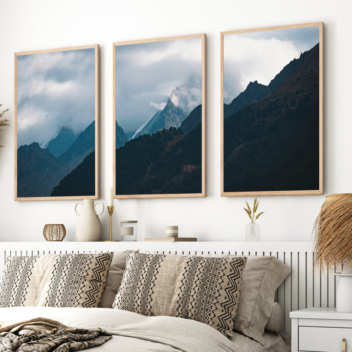 Navy Blue Mountain Forest Triptych – Landscape Painting Mountain Wall Art - Natural Wood Framed Poster No Border - Artworksets