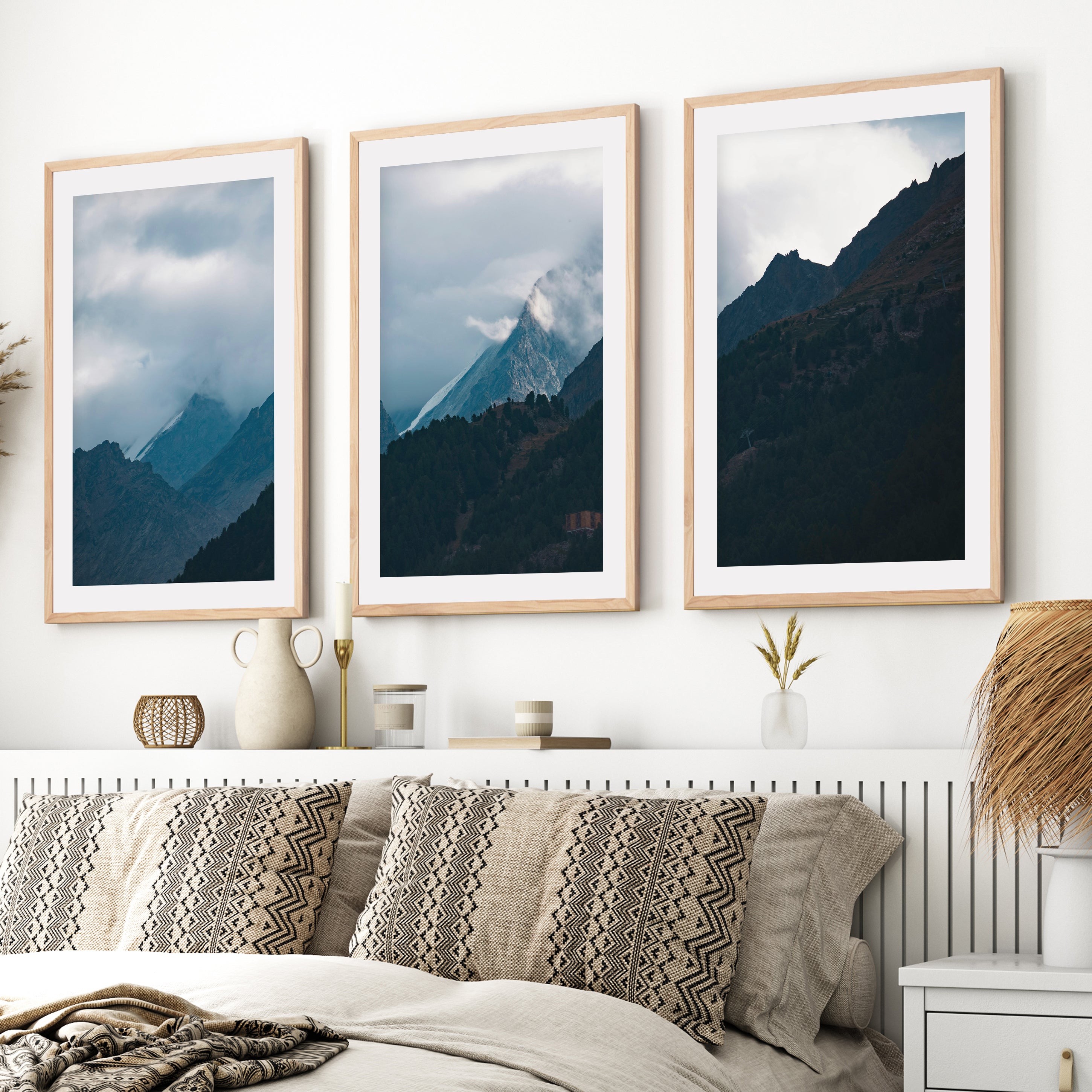 Navy Blue Mountain Forest Triptych – Landscape Painting Mountain Wall Art- Natural Wood Framed Poster with White Border - Artworksets