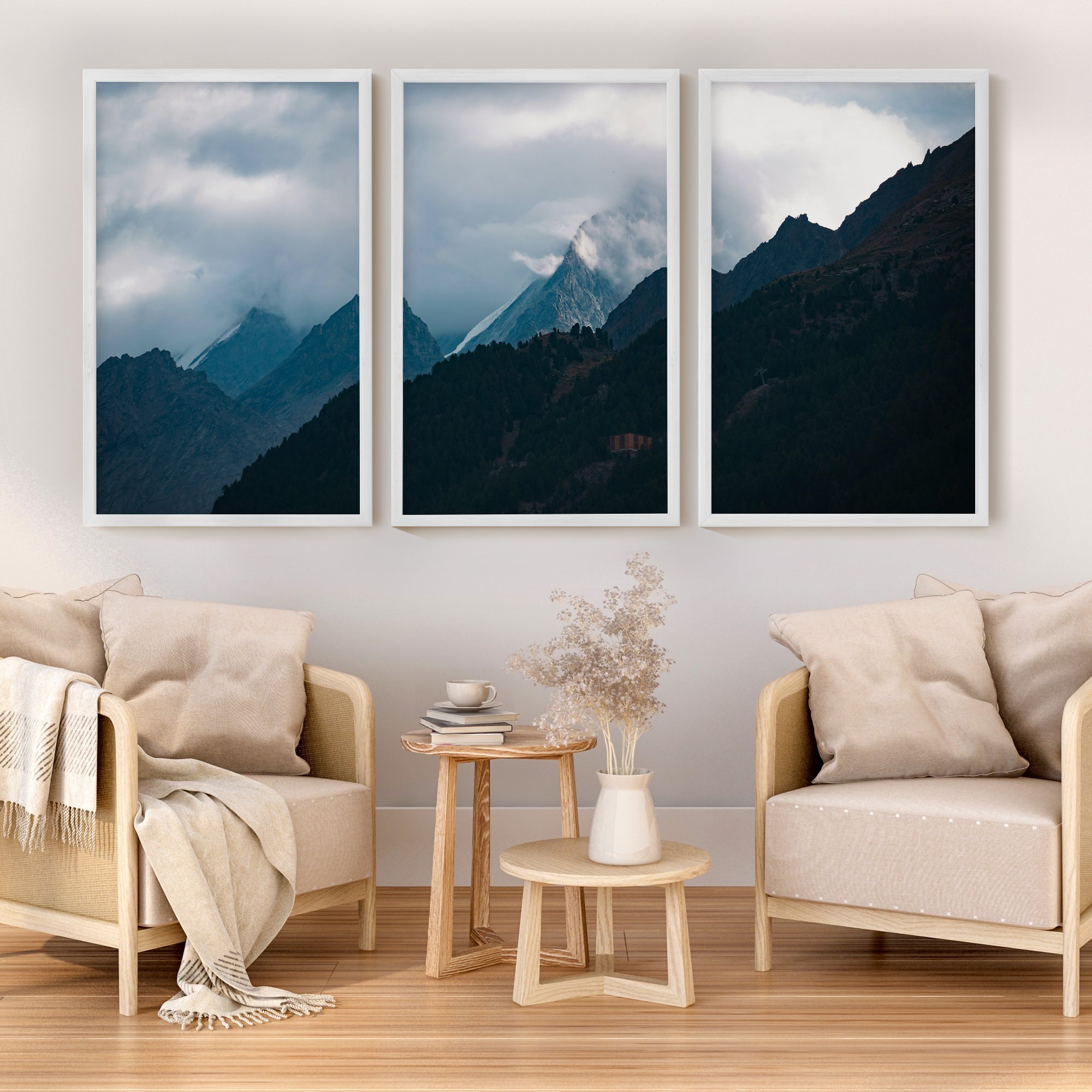 Navy Blue Mountain Forest Triptych – Landscape Painting Mountain Wall Art - White Framed Poster No Border - Artworksets