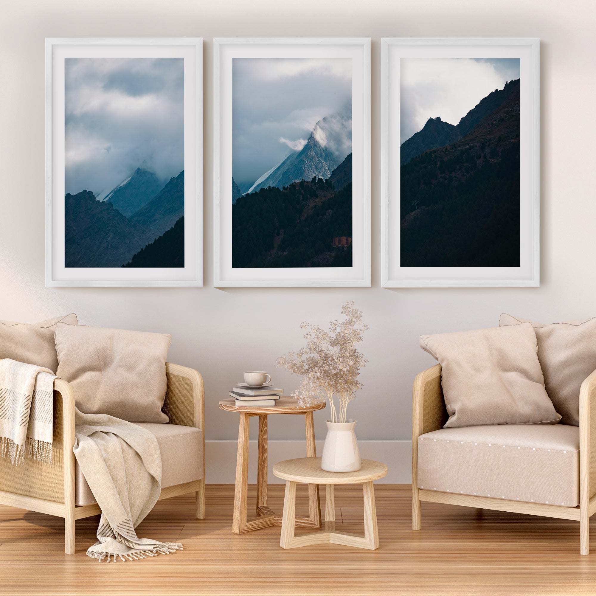 Navy Blue Mountain Forest Triptych – Landscape Painting Mountain Wall Art - White Framed Poster with White Border - Artworksets