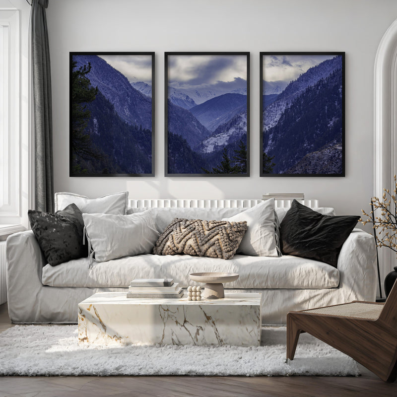 Navy Blue Mountain Forest Triptych. Nordic Landscape Art - Black Framed Poster No Border - Artworksets