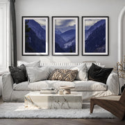 Navy Blue Mountain Forest Triptych. Nordic Landscape Art - Black Framed Poster with White Border - Artworksets