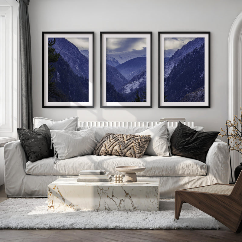 Navy Blue Mountain Forest Triptych. Nordic Landscape Art - Black Framed Poster with White Border - Artworksets
