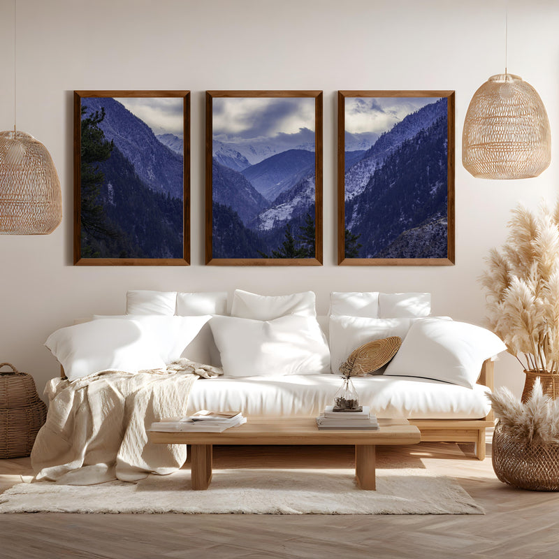 Navy Blue Mountain Forest Triptych. Nordic Landscape Art - Dark Brown Framed Poster No Border - Artworksets