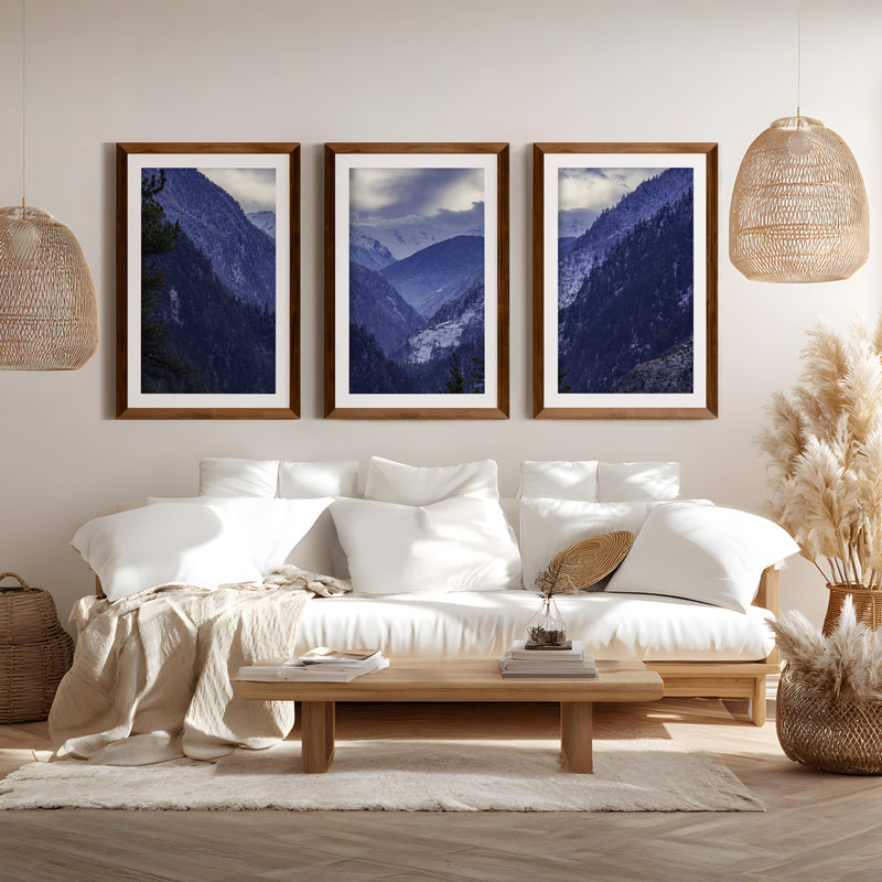 Navy Blue Mountain Forest Triptych. Nordic Landscape Art - Dark Brown Framed Poster with White Border - Artworksets