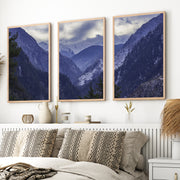 Navy Blue Mountain Forest Triptych. Nordic Landscape Art - Natural Wood Framed Poster No Border - Artworksets