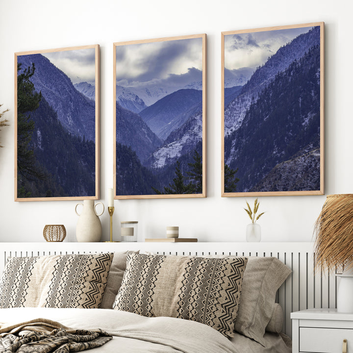 Navy Blue Mountain Forest Triptych. Nordic Landscape Art - Natural Wood Framed Poster No Border - Artworksets