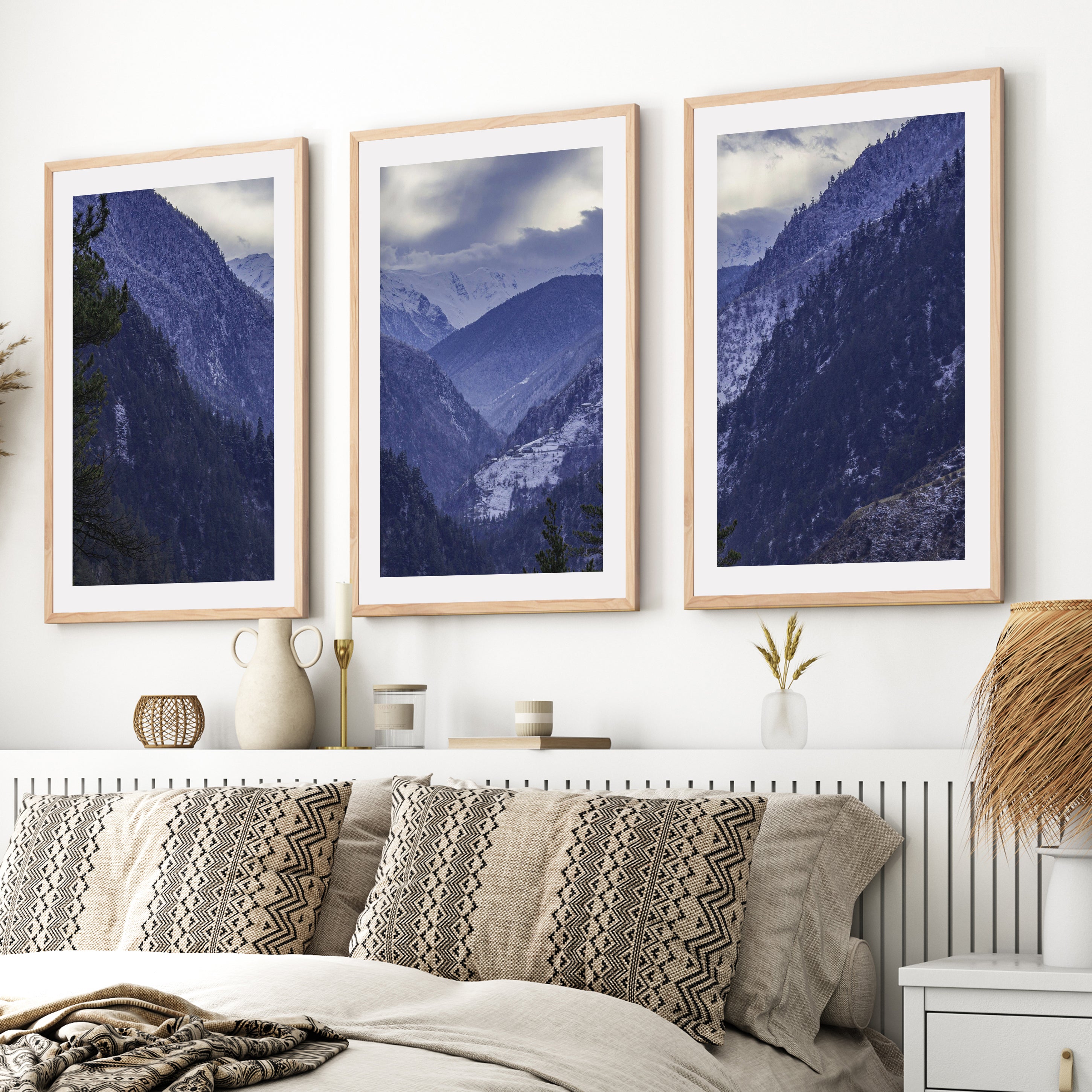 Navy Blue Mountain Forest Triptych. Nordic Landscape Art- Natural Wood Framed Poster with White Border - Artworksets