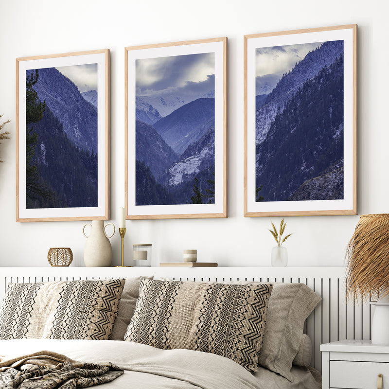 Navy Blue Mountain Forest Triptych. Nordic Landscape Art- Natural Wood Framed Poster with White Border - Artworksets