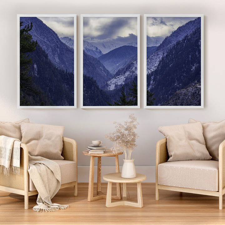 Navy Blue Mountain Forest Triptych. Nordic Landscape Art - White Framed Poster No Border - Artworksets