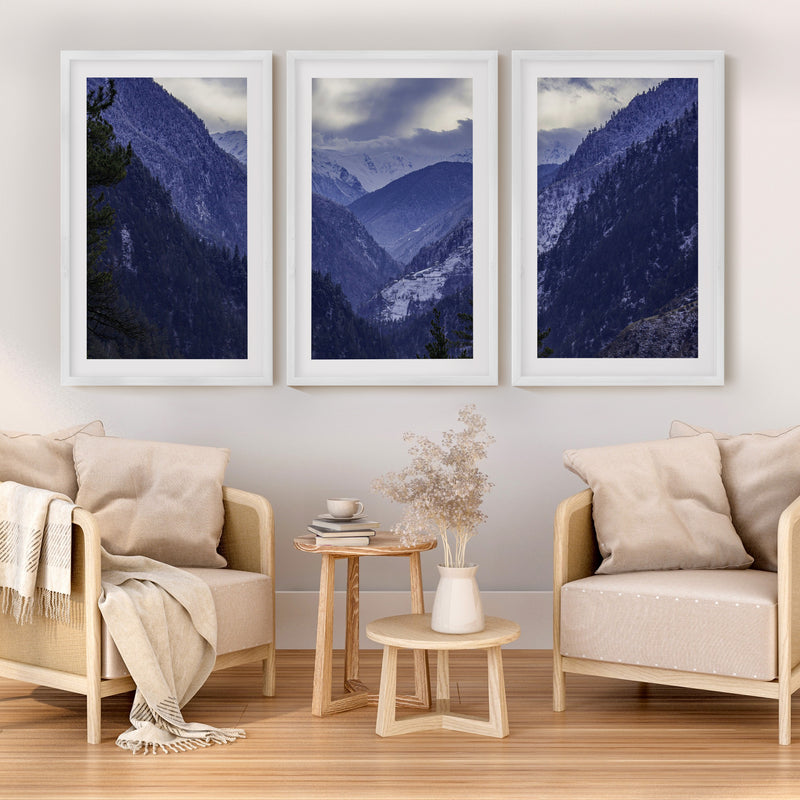Navy Blue Mountain Forest Triptych. Nordic Landscape Art - White Framed Poster with White Border - Artworksets