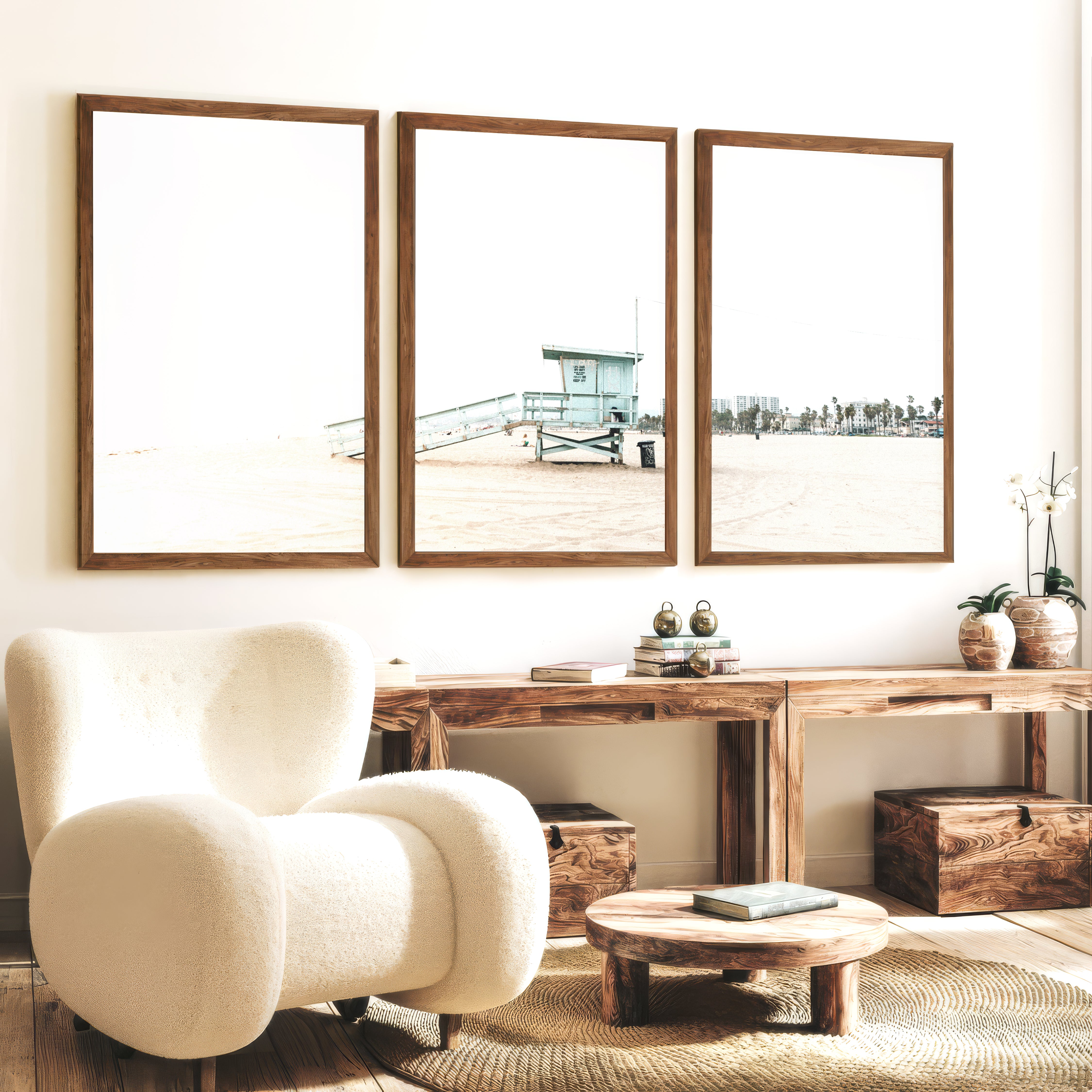 Lifeguard Tower navy coastal wall art - Dark Brown Framed Poster No Border - Artworksets