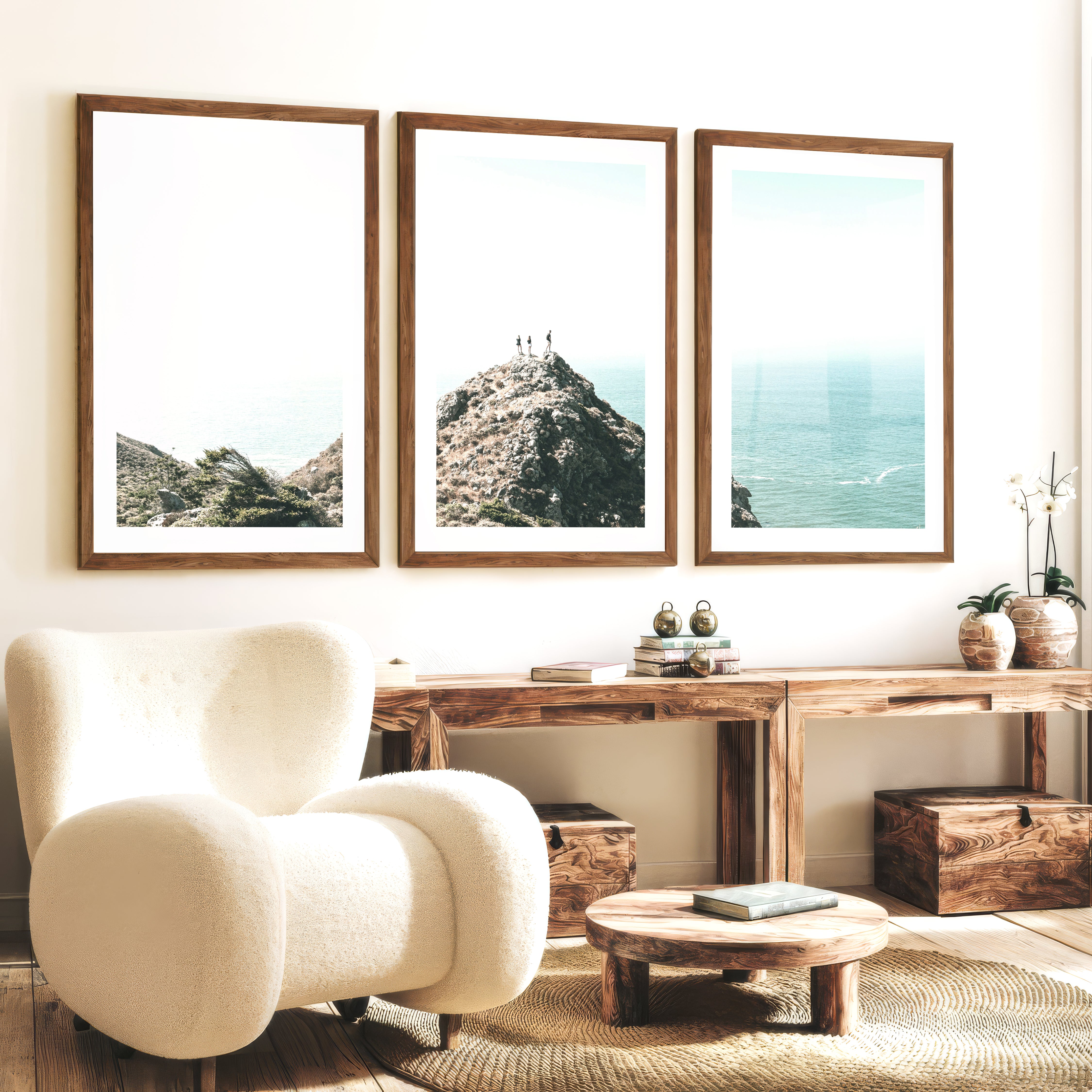 Ocean Ridge navy coastal wall art - Dark Brown Framed Poster with White Border - Artworksets