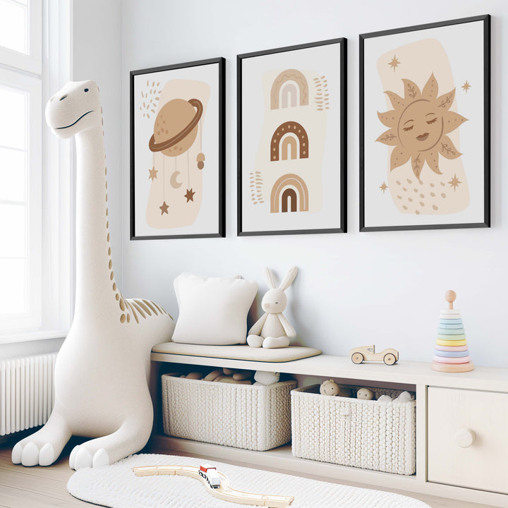 Neutral Nursery Wall Art – Celestial & Rainbow Print Set (3 Pieces) - Black Framed Poster No Border - Artworksets