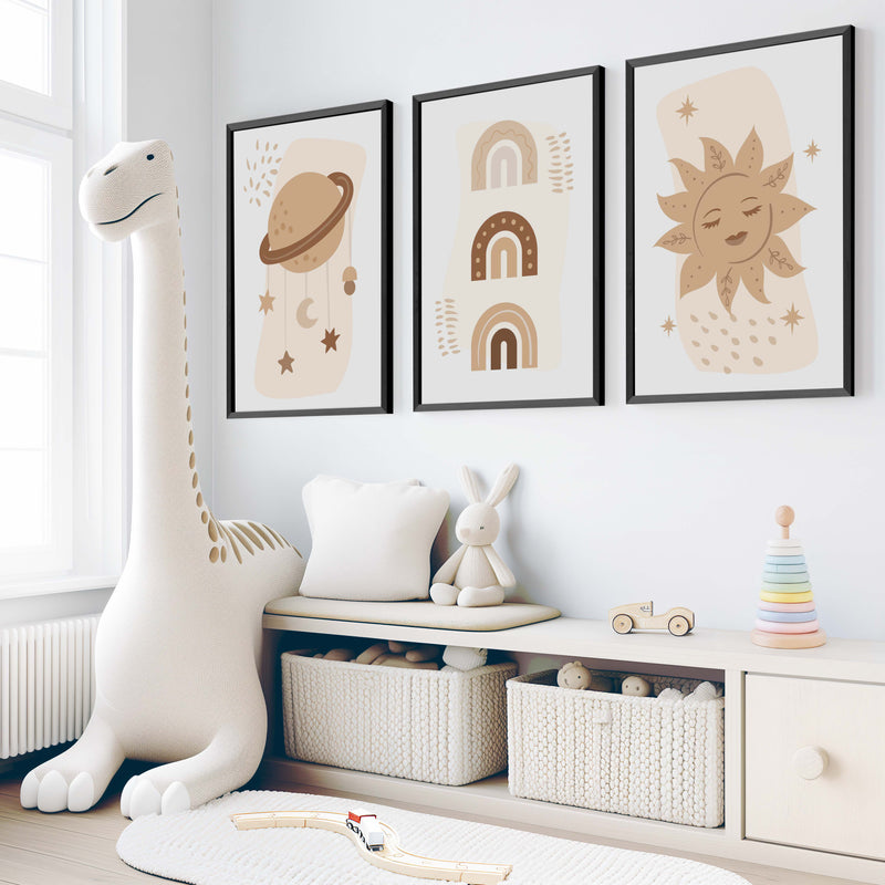 Neutral Nursery Wall Art – Celestial & Rainbow Print Set (3 Pieces) - Black Framed Poster No Border - Artworksets