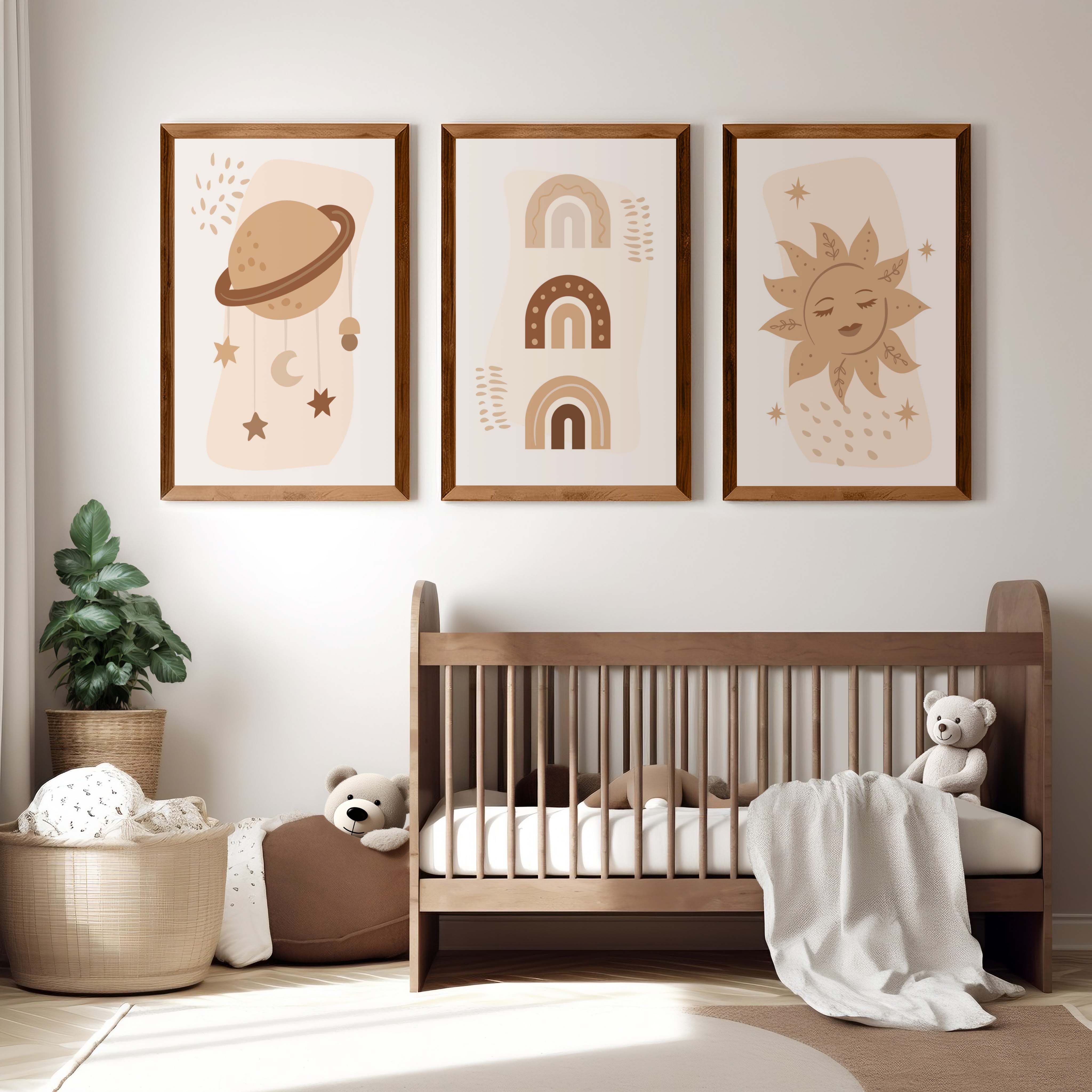 Neutral Nursery Wall Art – Celestial & Rainbow Print Set (3 Pieces) - Dark Brown Framed Poster No Border - Artworksets