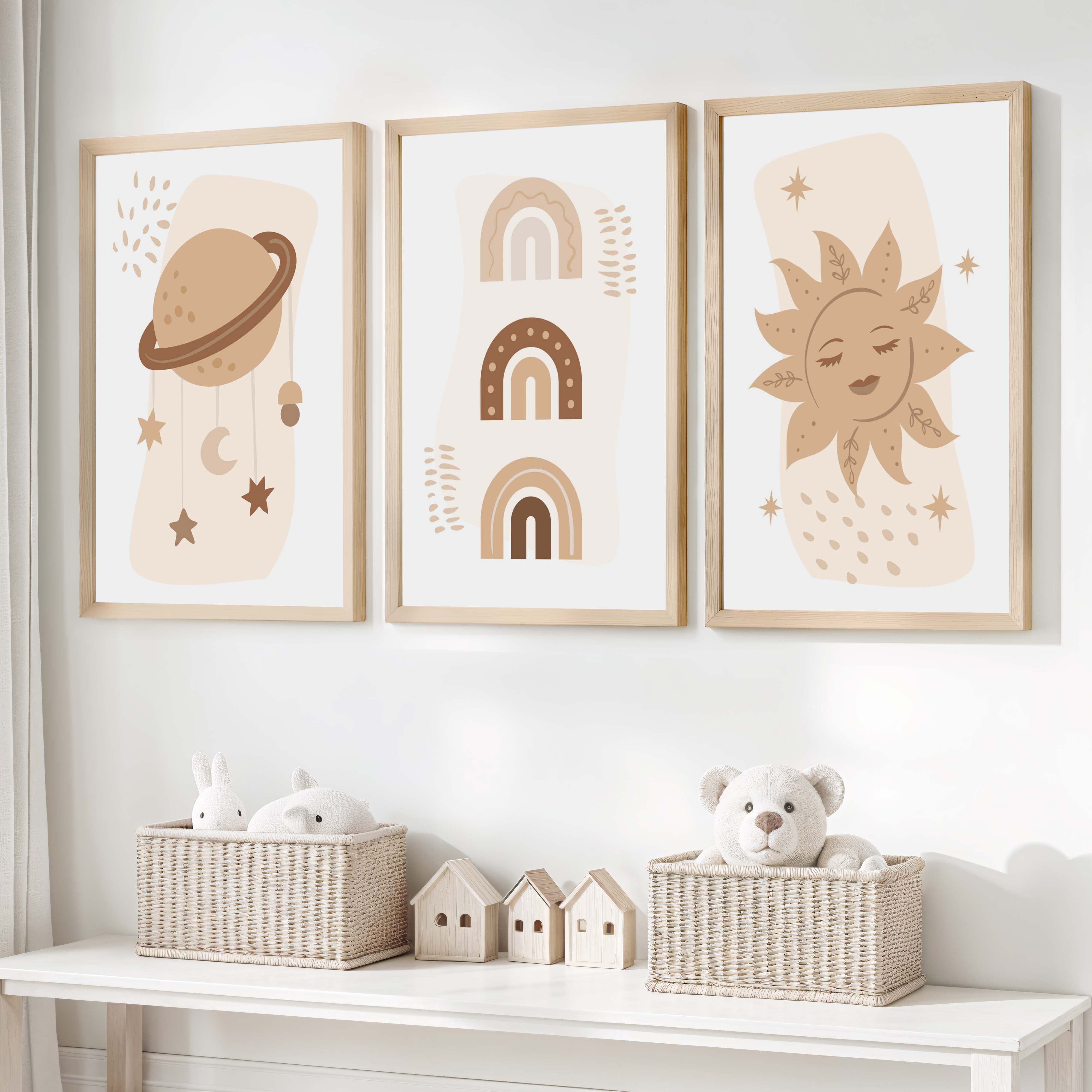 Neutral Nursery Wall Art – Celestial & Rainbow Print Set (3 Pieces) - Natural Wood Framed Poster No Border - Artworksets