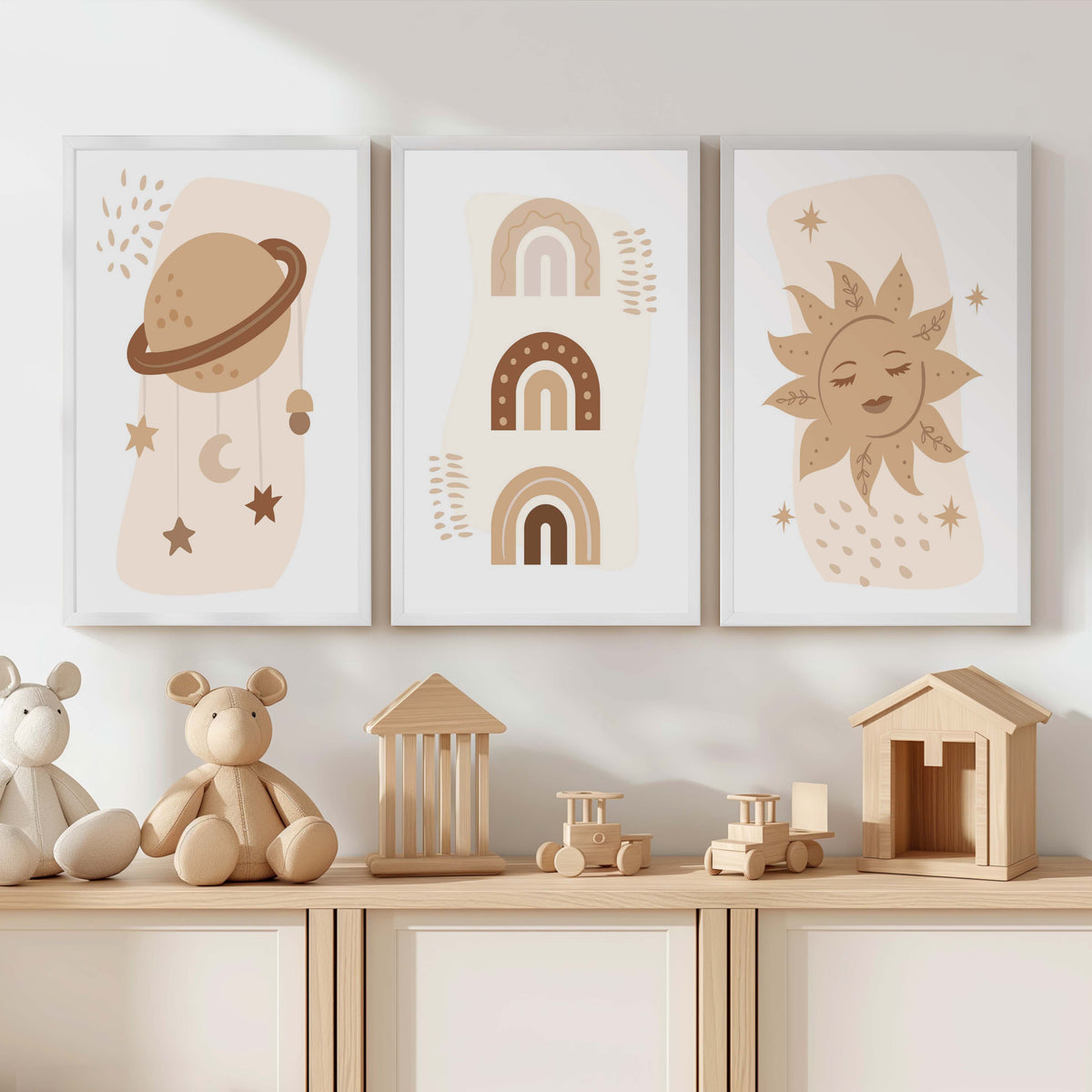 Neutral Nursery Wall Art – Celestial Rainbow Print Set (3 Pieces)