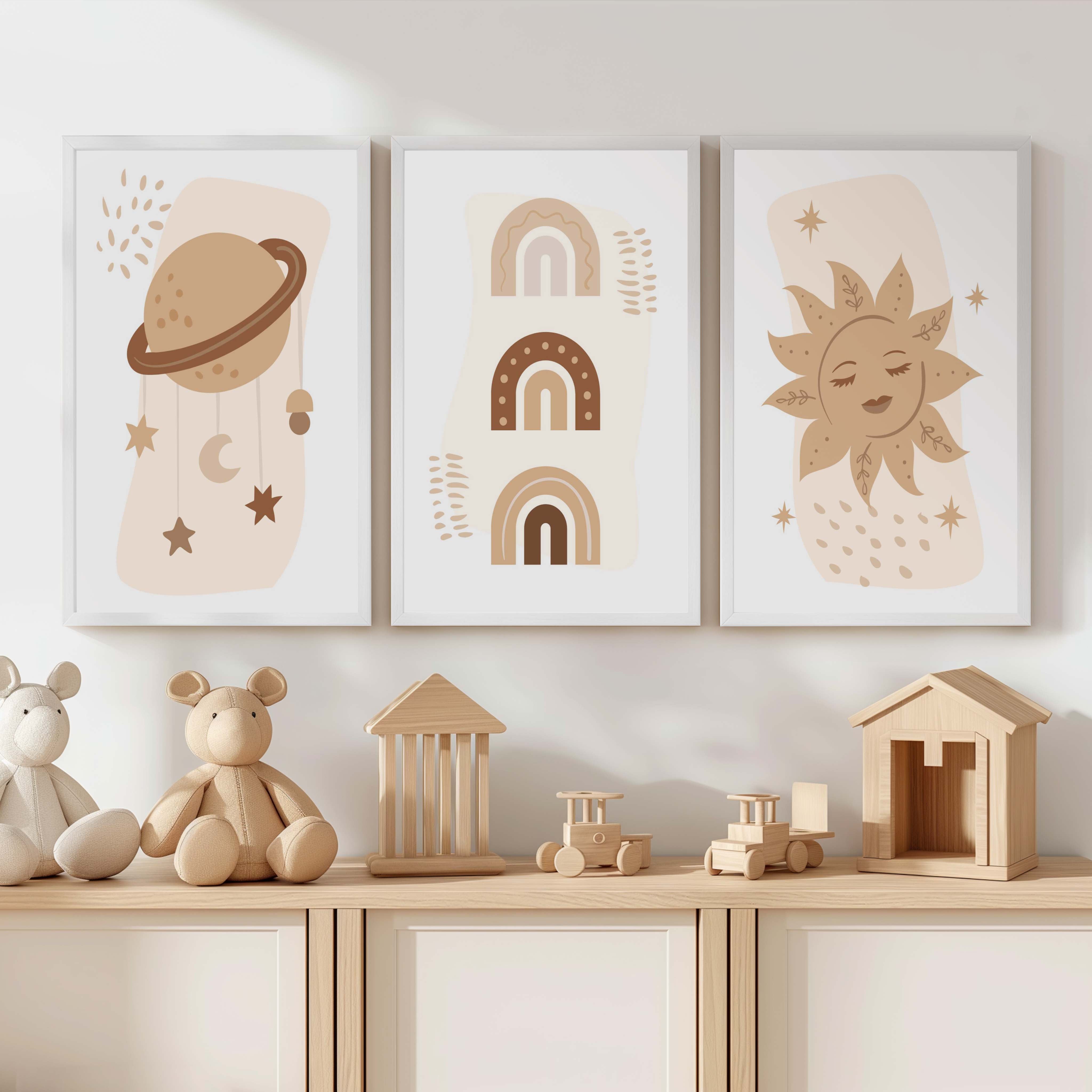 Neutral Nursery Wall Art – Celestial & Rainbow Print Set (3 Pieces) - White Framed Poster No Border - Artworksets