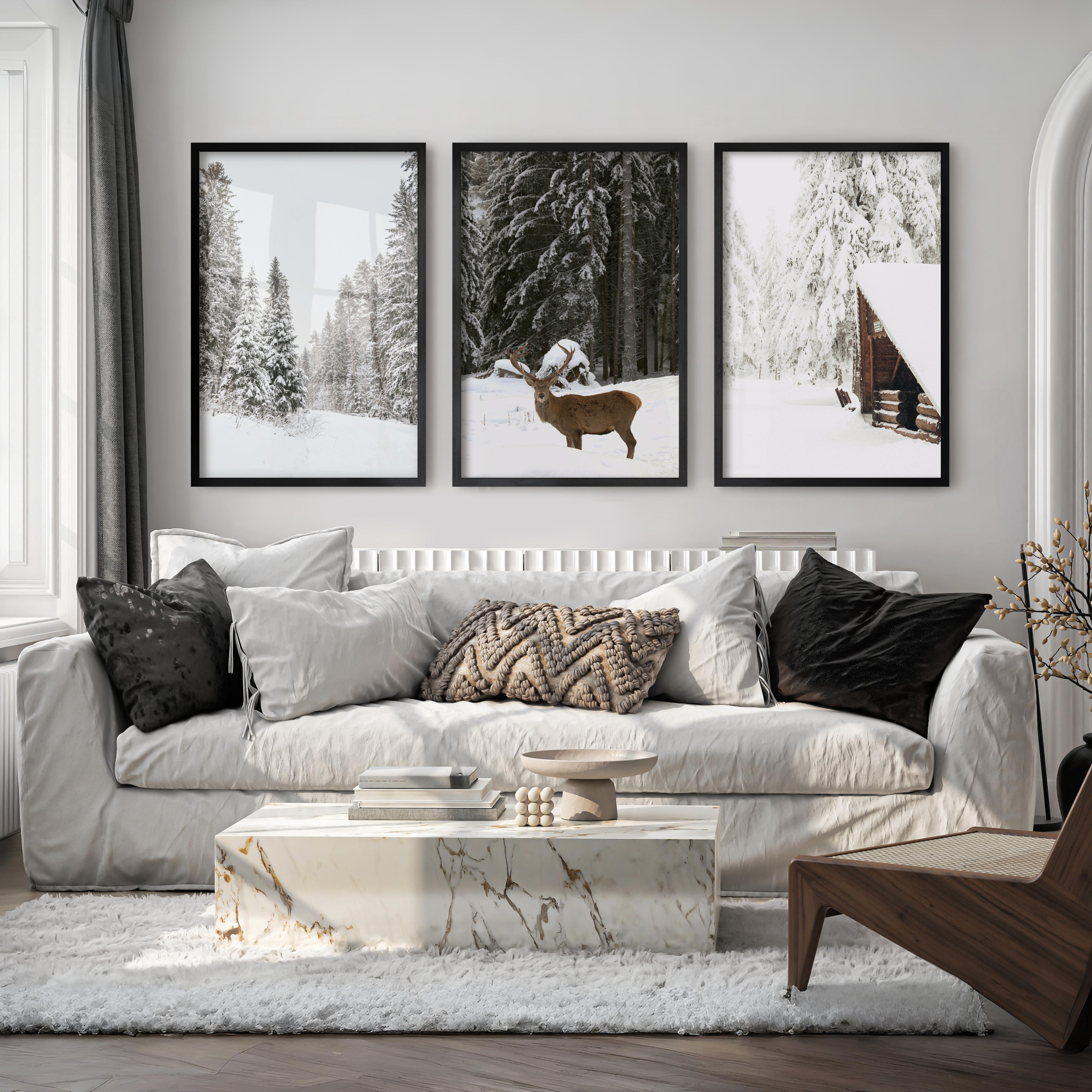Nordic Winter 3 Piece Photo Set. Pine Forest, Moose, Log Cabin - Black Framed Poster No Border - Artworksets