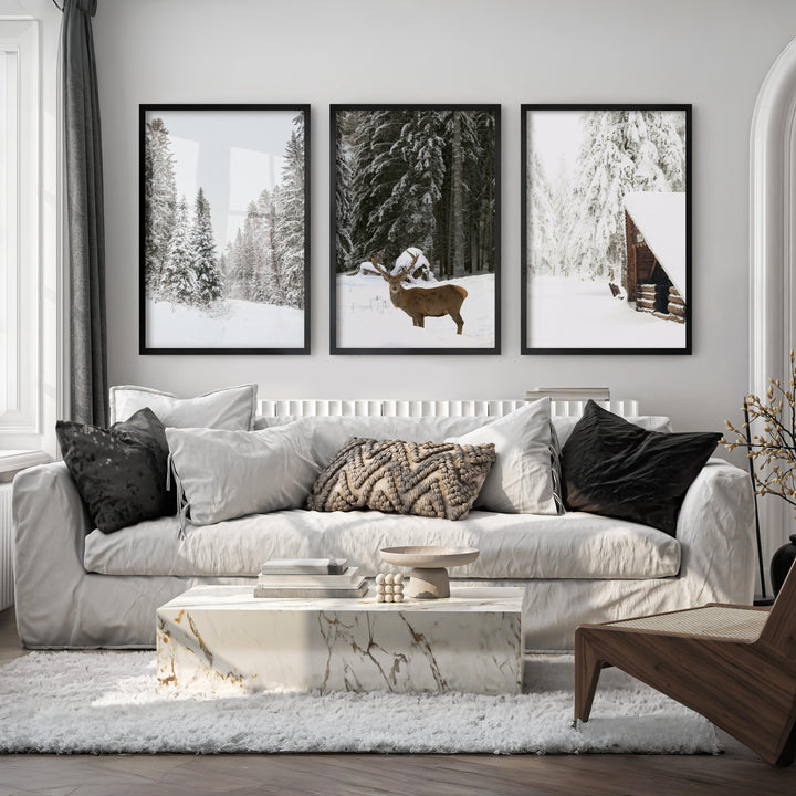 Nordic Winter 3 Piece Photo Set. Pine Forest, Moose, Log Cabin - Black Framed Poster No Border - Artworksets