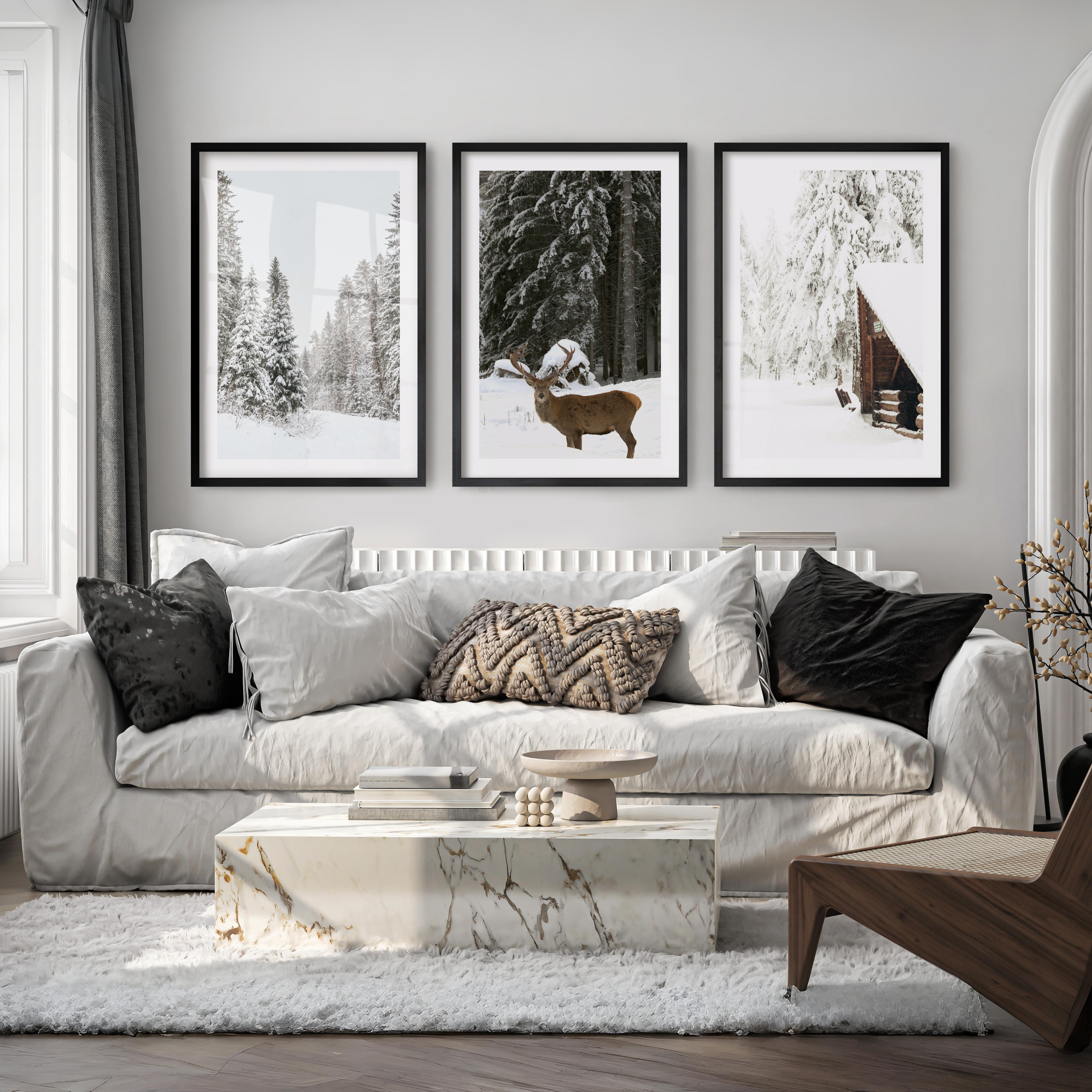 Nordic Winter 3 Piece Photo Set. Pine Forest, Moose, Log Cabin - Black Framed Poster with White Border - Artworksets