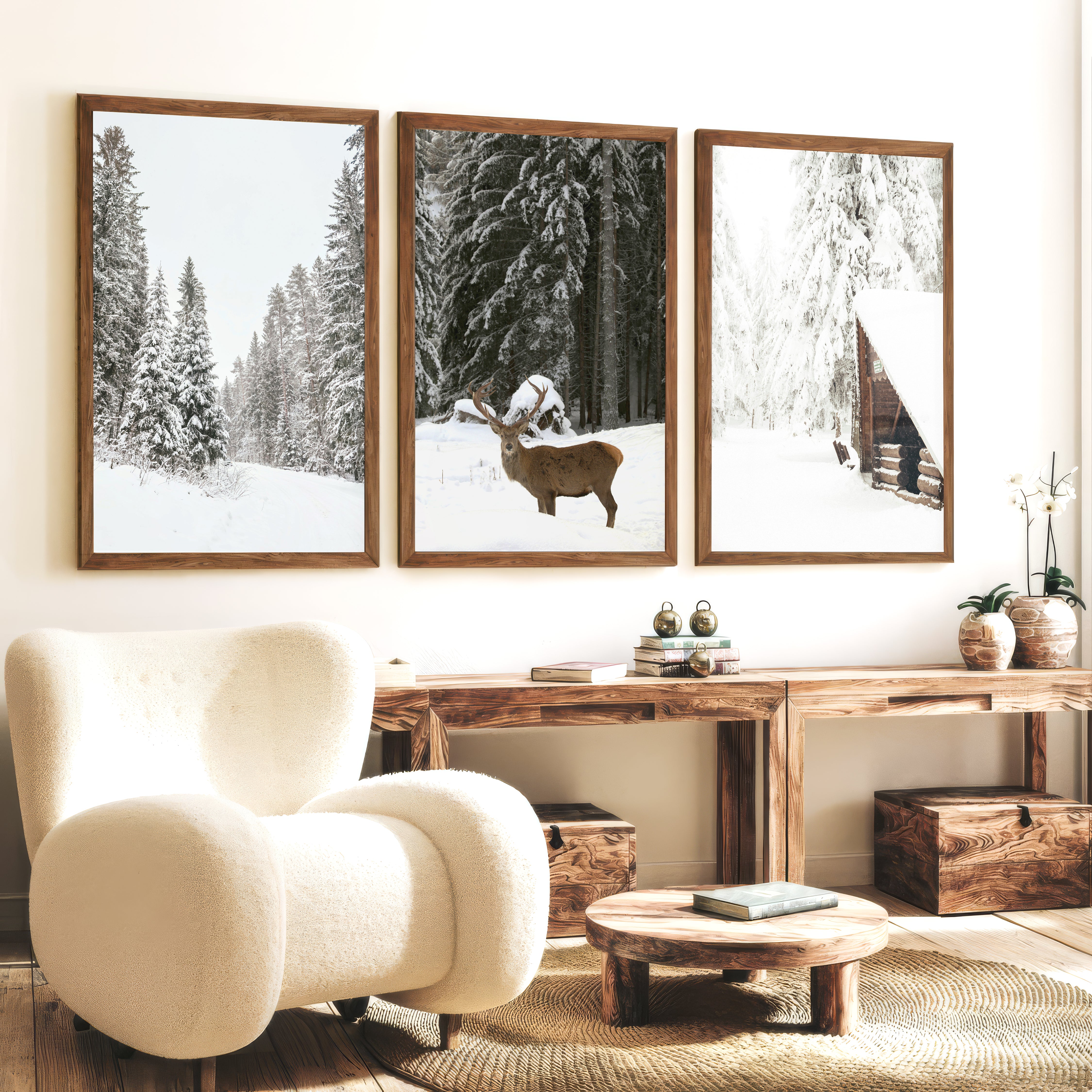 Nordic Winter 3 Piece Photo Set. Pine Forest, Moose, Log Cabin - Dark Brown Framed Poster No Border - Artworksets