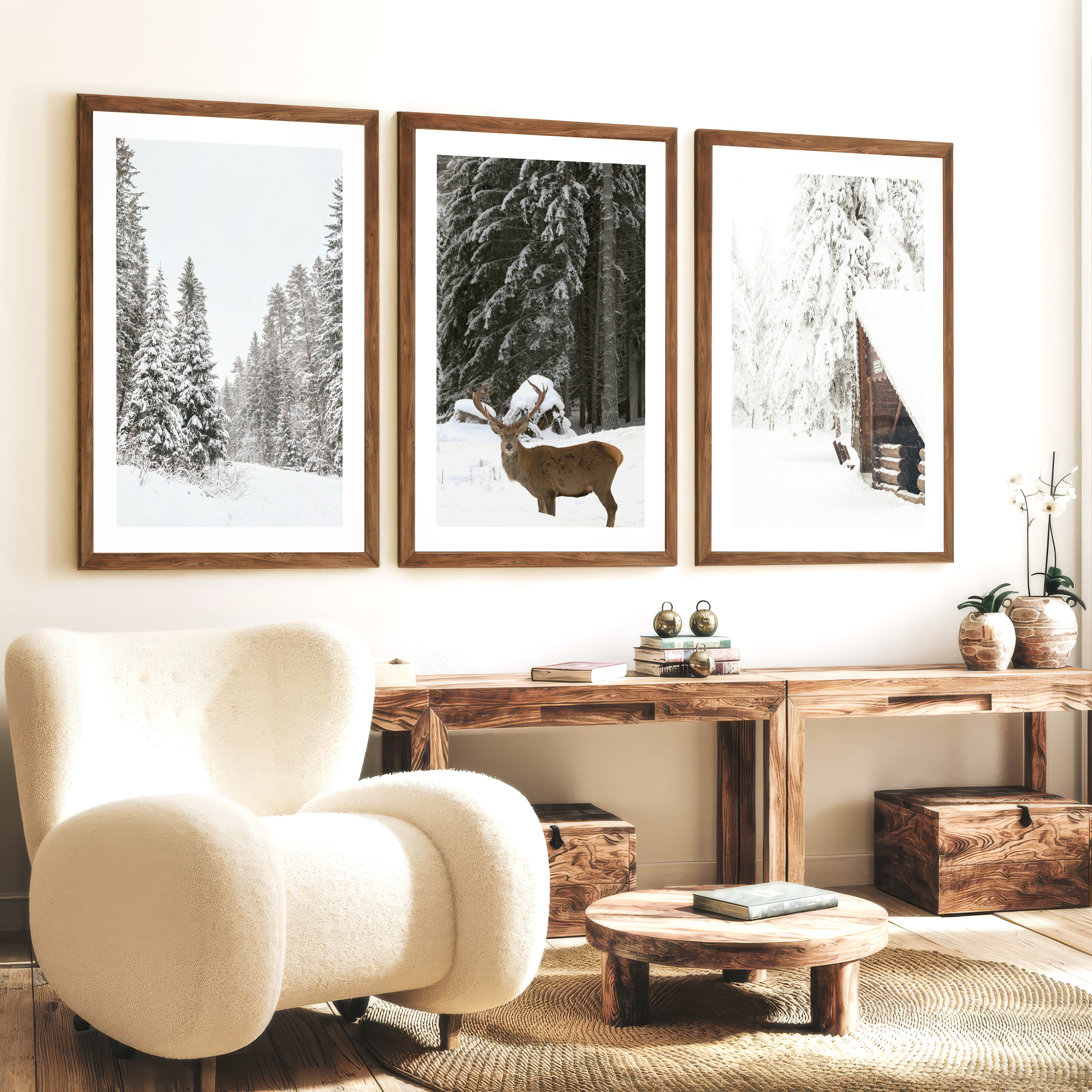 Nordic Winter 3 Piece Photo Set. Pine Forest, Moose, Log Cabin - Dark Brown Framed Poster with White Border - Artworksets