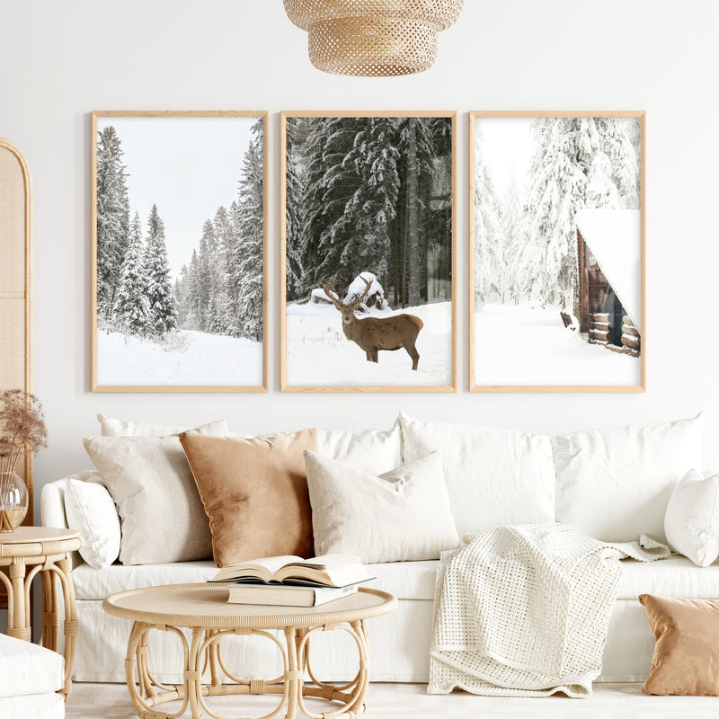 Nordic Winter 3 Piece Photo Set. Pine Forest, Moose, Log Cabin - Natural Wood Framed Poster No Border - Artworksets