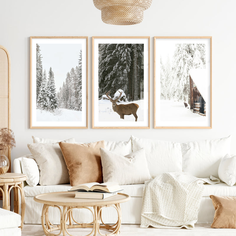 Nordic Winter 3 Piece Photo Set. Pine Forest, Moose, Log Cabin- Natural Wood Framed Poster with White Border - Artworksets