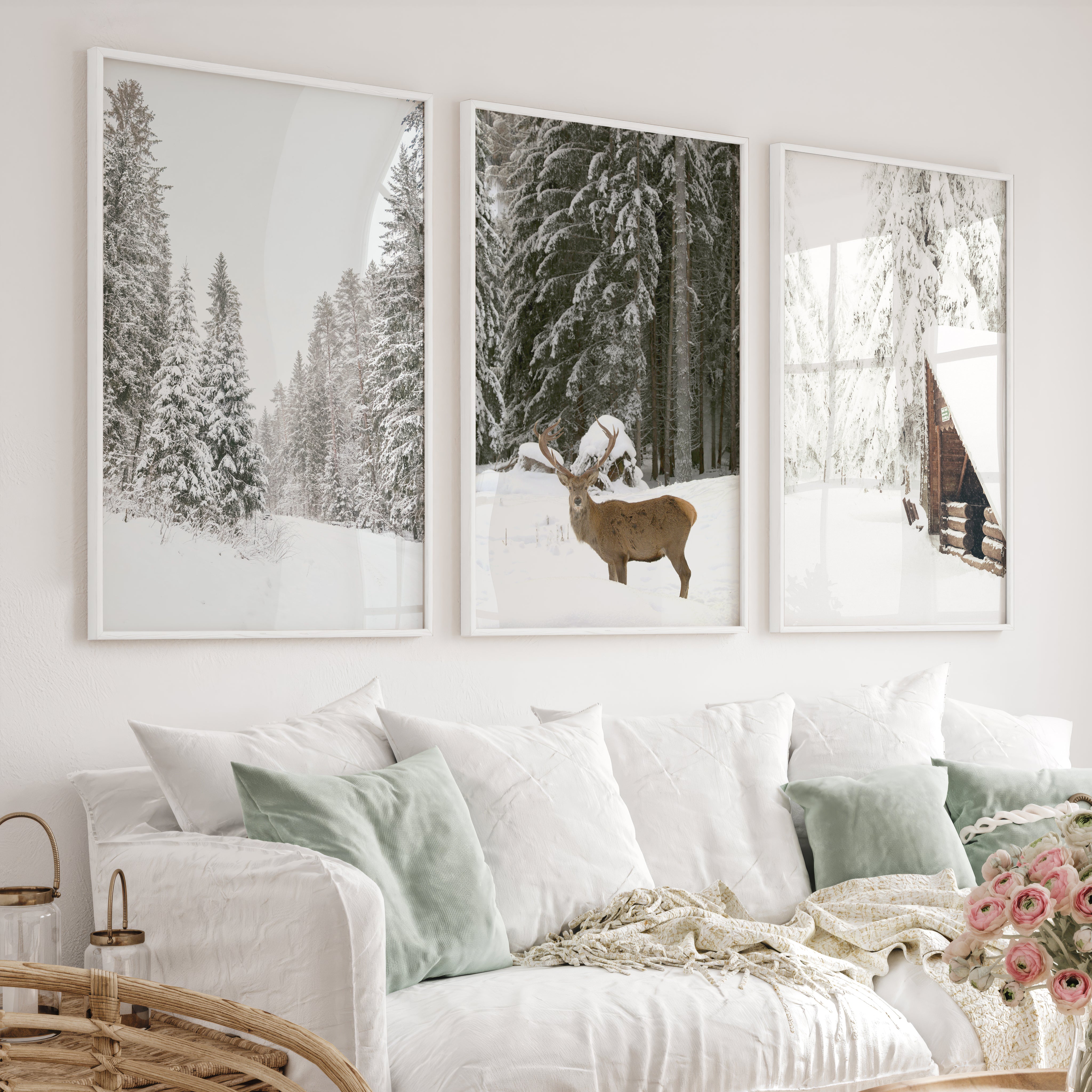 Nordic Winter 3 Piece Photo Set. Pine Forest, Moose, Log Cabin - White Framed Poster No Border - Artworksets