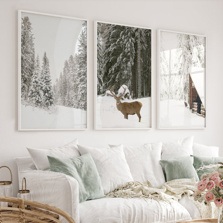 Nordic Winter 3 Piece Photo Set. Pine Forest, Moose, Log Cabin - White Framed Poster No Border - Artworksets