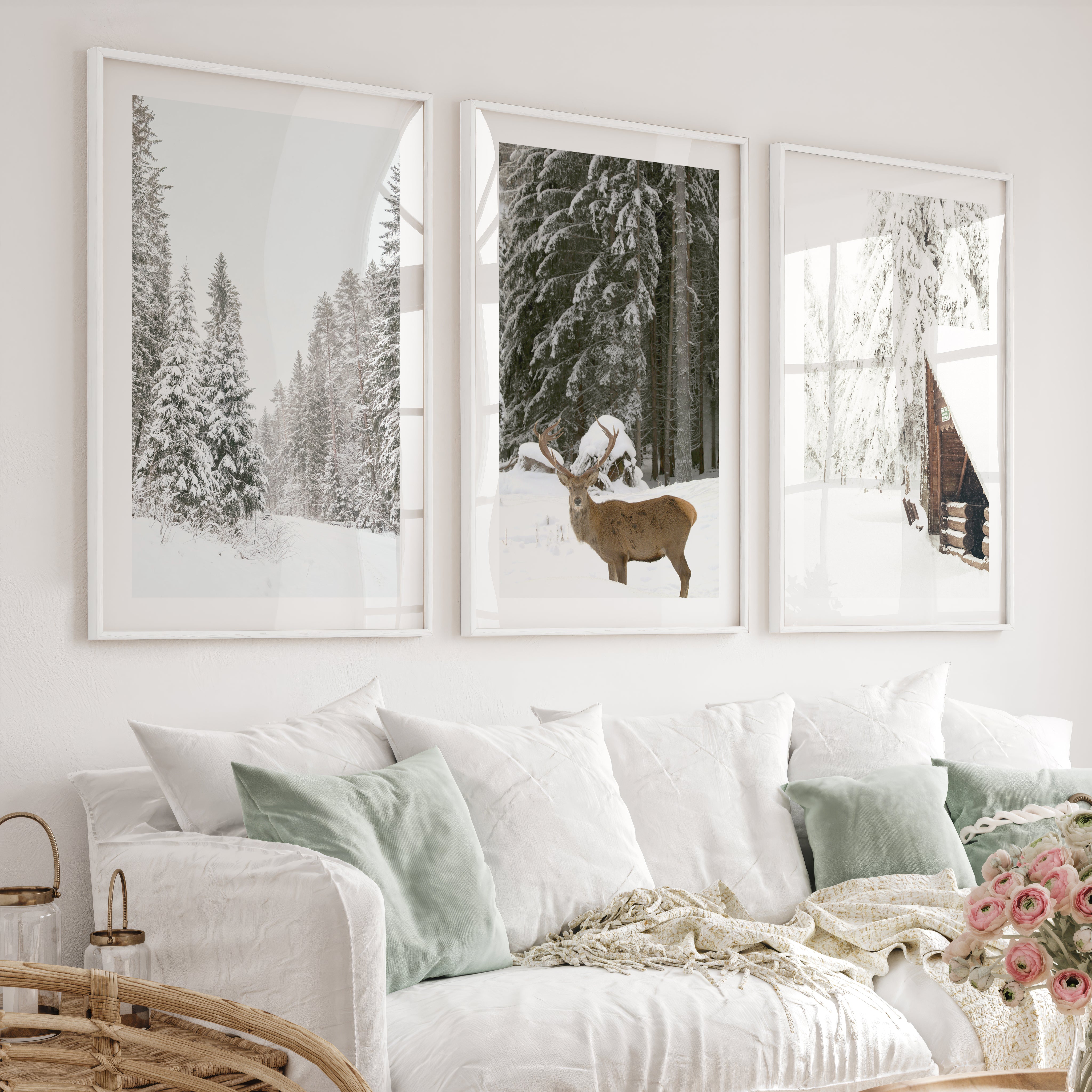 Nordic Winter 3 Piece Photo Set. Pine Forest, Moose, Log Cabin - White Framed Poster with White Border - Artworksets