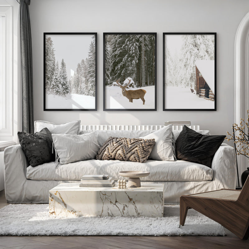 Nordic Winter 3 Piece Photo Set. Pine Forest, Moose, Log Cabin - Black Framed Poster No Border - Artworksets