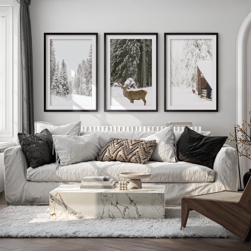 Nordic Winter 3 Piece Photo Set. Pine Forest, Moose, Log Cabin - Black Framed Poster with White Border - Artworksets