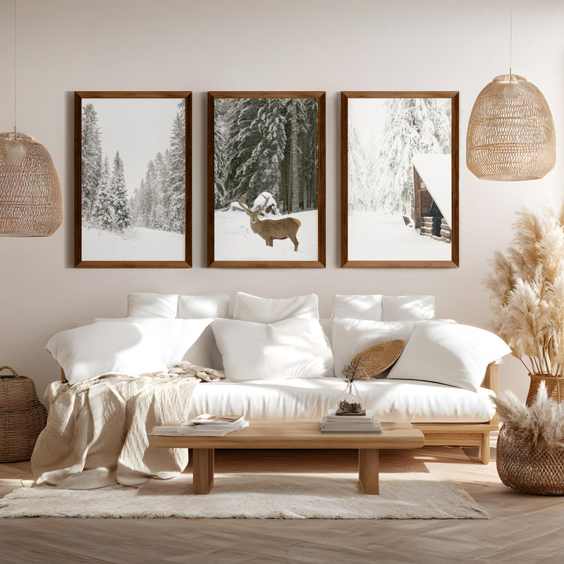 Nordic Winter 3 Piece Photo Set. Pine Forest, Moose, Log Cabin - Dark Brown Framed Poster No Border - Artworksets