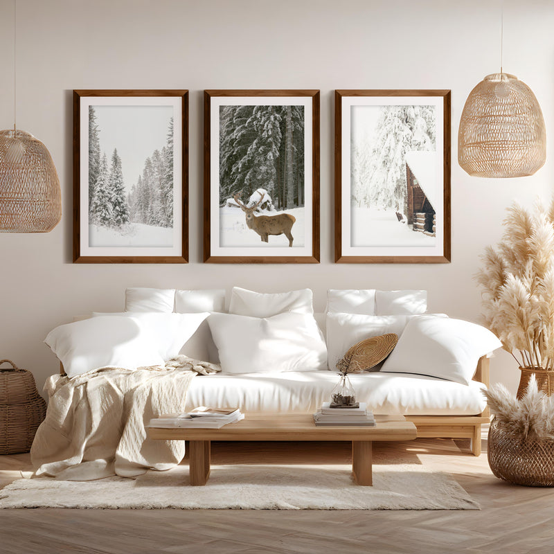 Nordic Winter 3 Piece Photo Set. Pine Forest, Moose, Log Cabin - Dark Brown Framed Poster with White Border - Artworksets