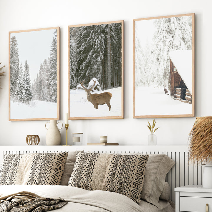 Nordic Winter 3 Piece Photo Set. Pine Forest, Moose, Log Cabin - Natural Wood Framed Poster No Border - Artworksets