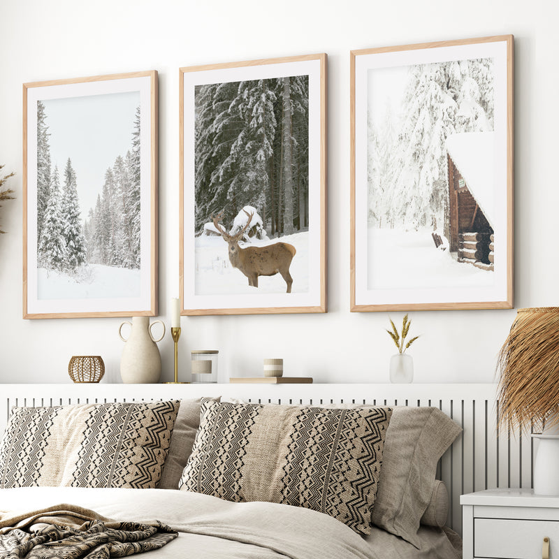 Nordic Winter 3 Piece Photo Set. Pine Forest, Moose, Log Cabin- Natural Wood Framed Poster with White Border - Artworksets