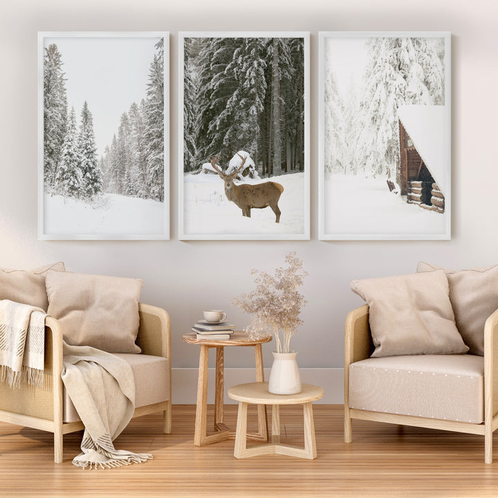 Nordic Winter 3 Piece Photo Set. Pine Forest, Moose, Log Cabin - White Framed Poster No Border - Artworksets