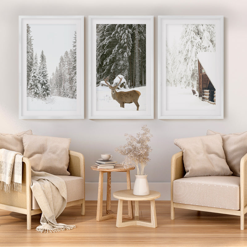 Nordic Winter 3 Piece Photo Set. Pine Forest, Moose, Log Cabin - White Framed Poster with White Border - Artworksets